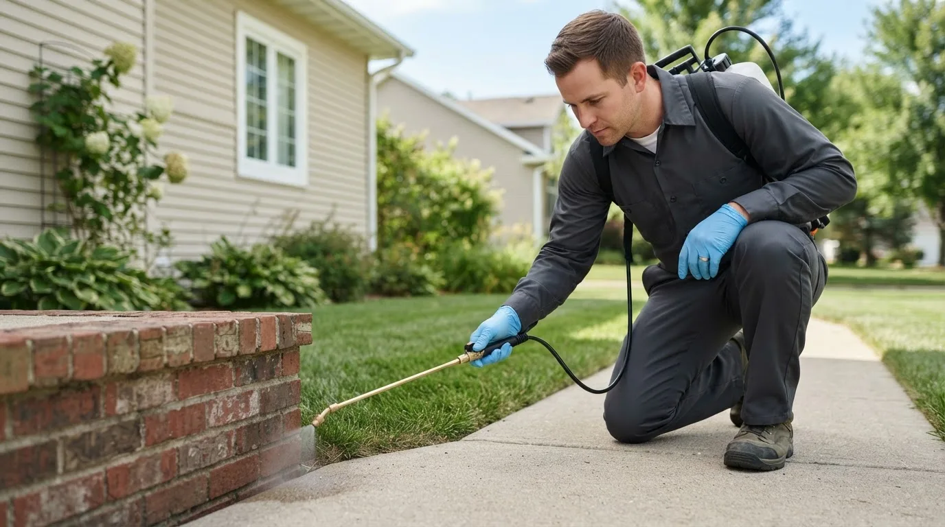 Pest control technician treating a home near Mashantucket, CT